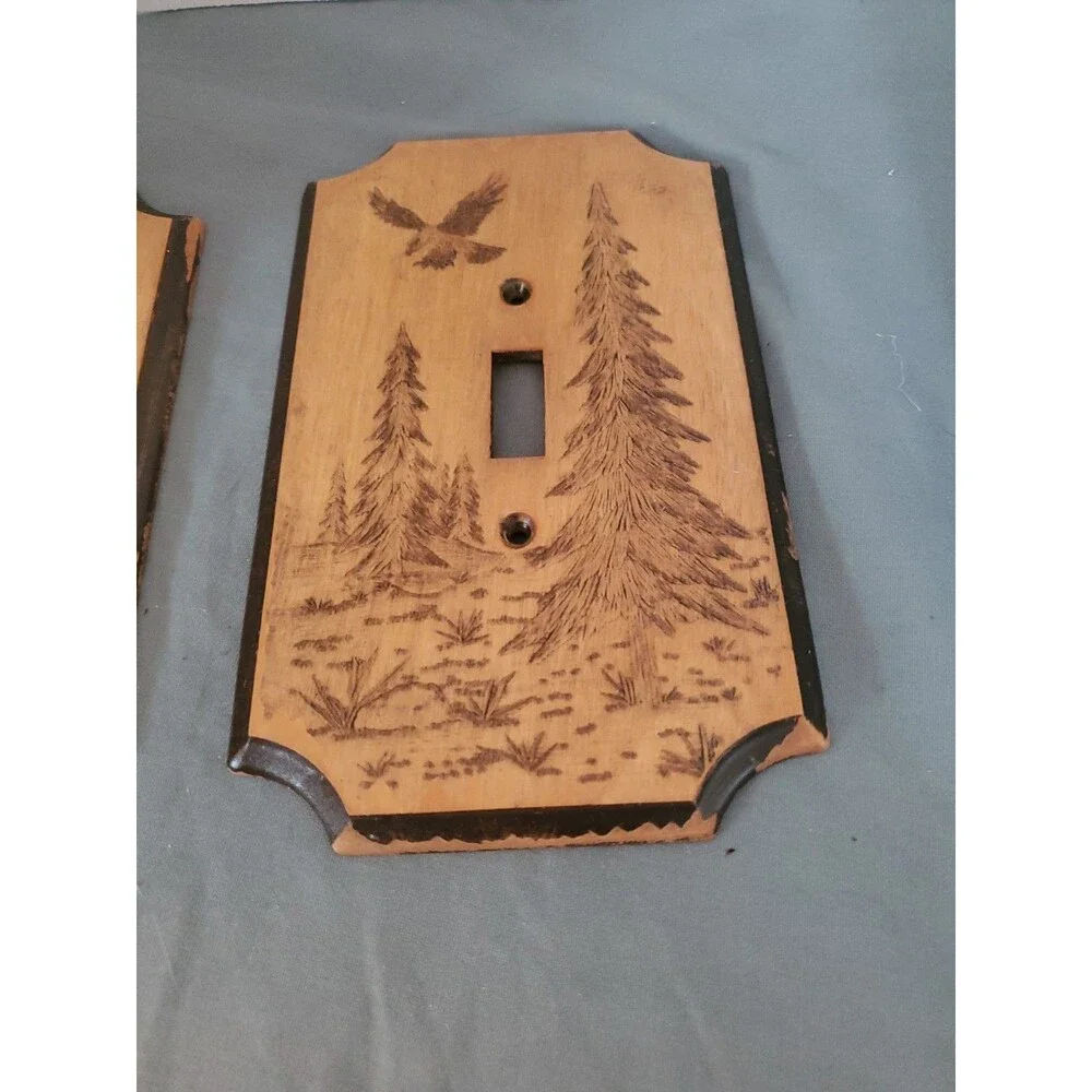 2 Vintage 1977 MCM Wood Eagle Pine Trees Forest Single-Light Switch Plate LN
